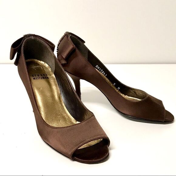 Stuart Weitzman Chocolate Brown Peeptoe Heels sz 5 - Picture 2 of 7